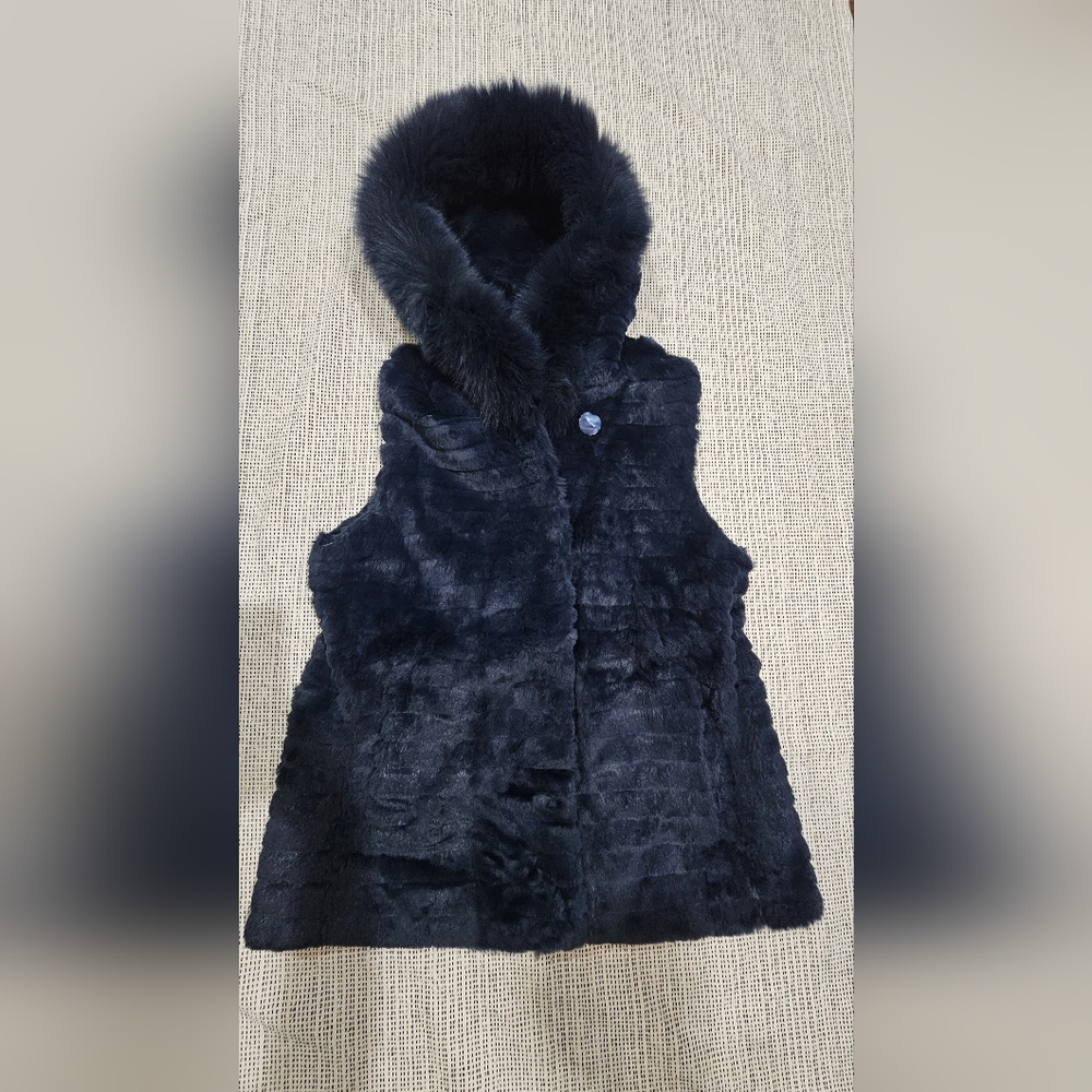 Maximilian Bloomingdale's Real Fur Hooded Vest - Dyed Rabbit & Fox (Navy Blue)